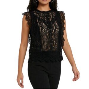 Zara Black Crochet & Lace Ruffle Scalloped Hem Flutter Sleeves Sheer Blouse Top
